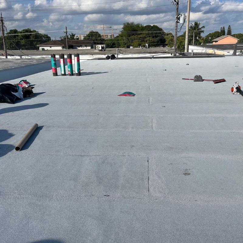 Flat roof membrane with roofing materials and tools Flat roof membrane with roofing materials and tools