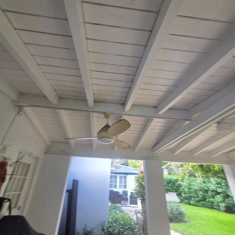 Ceiling fan and painted wood beam patio ceiling
