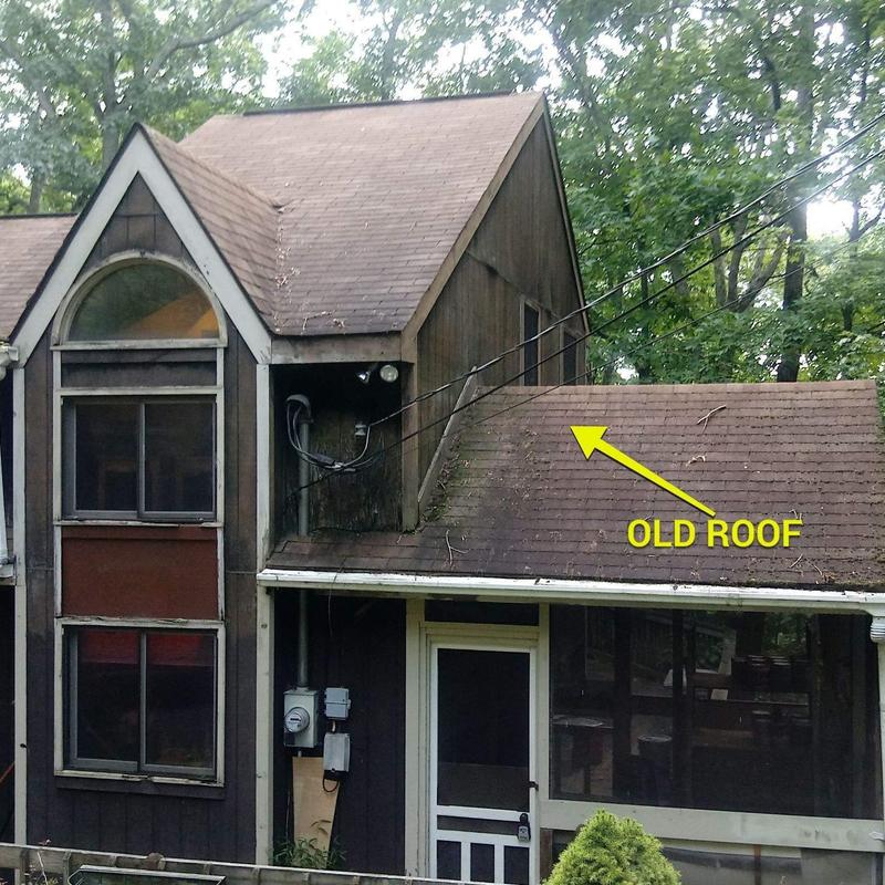 Asphalt shingle roof with old wear and debris Asphalt shingle roof with old wear and debris