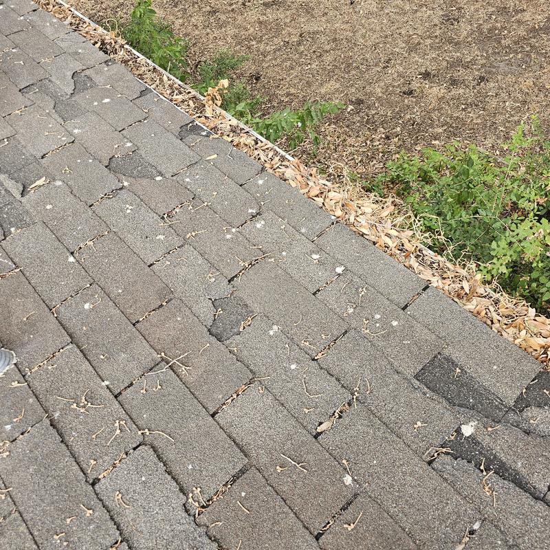Asphalt shingle roof with hail damage and debris