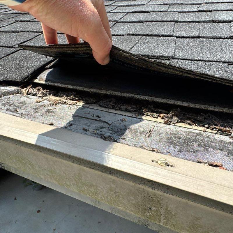 Asphalt shingles lifted showing debris on roof underlayer