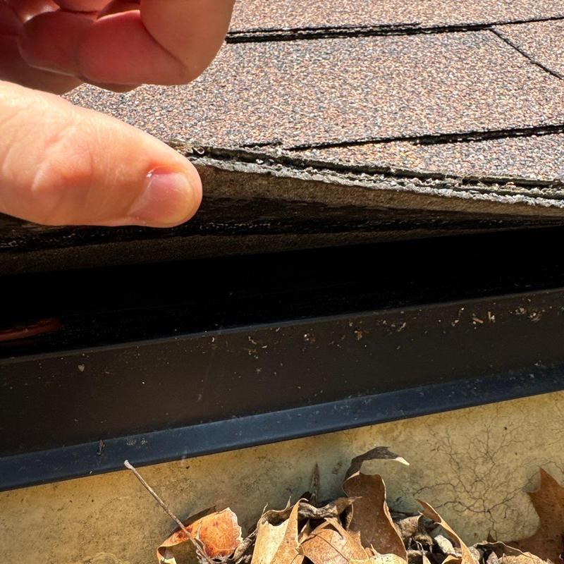 Asphalt roofing shingle lifting showing edge damage