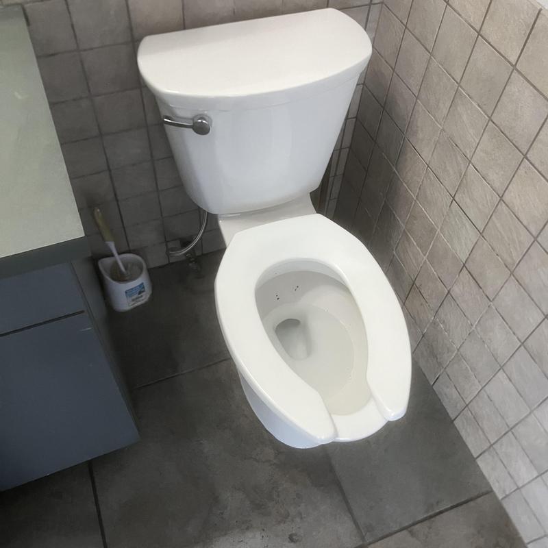 Toilet flushing inspection in tiled bathroom corner