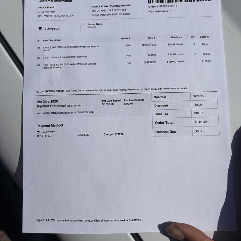 Electric pressure washer and cleaning supplies receipt