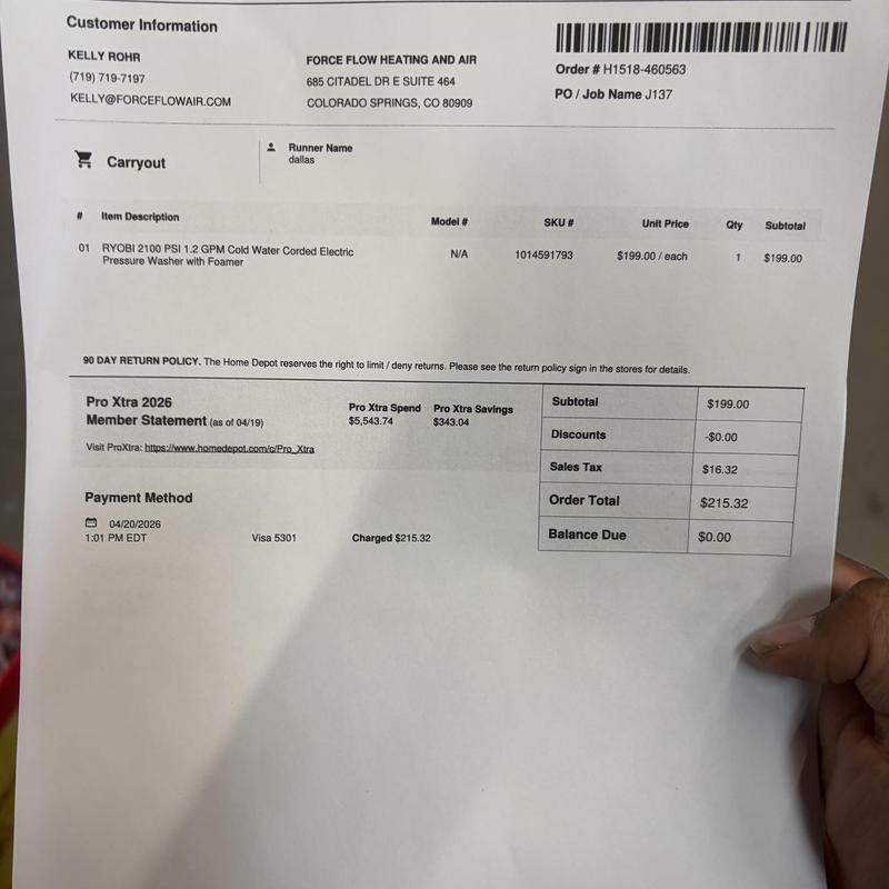 Cold water pressure washer receipt with pricing