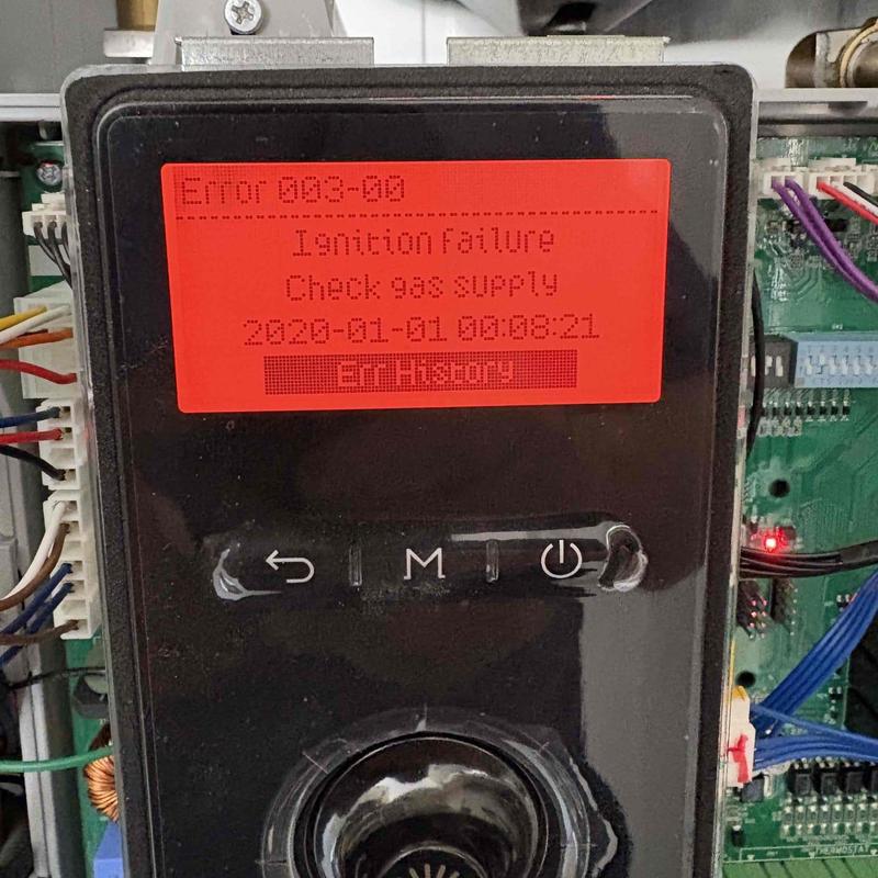 Gas boiler control panel showing ignition failure error