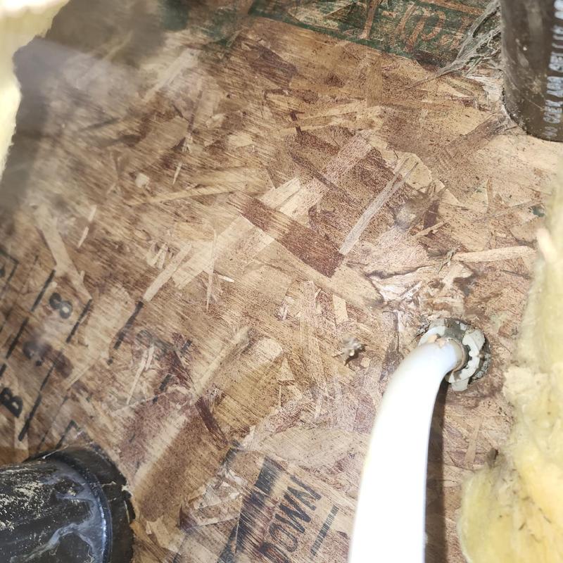 Pex pipe connection through plywood subfloor with insulation