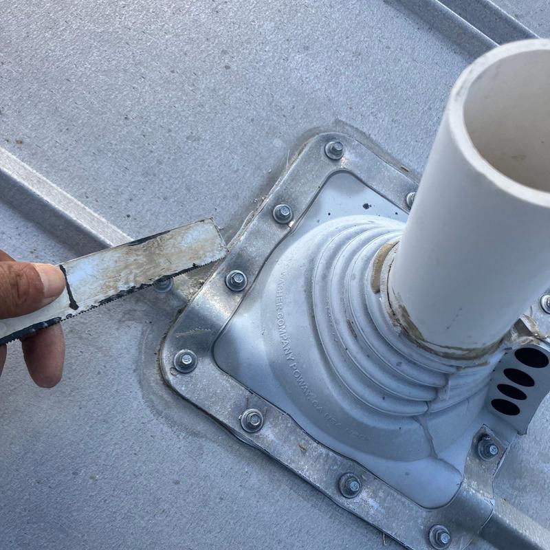 Pipe penetration roof flashing inspection and repair