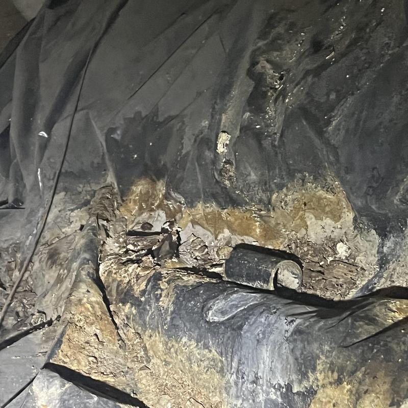 Crawl space with damaged plumbing pipe and insulation