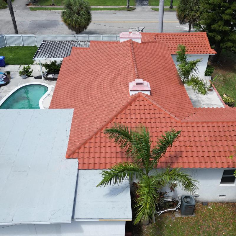Spanish tile roof with chimney vents and palm tree