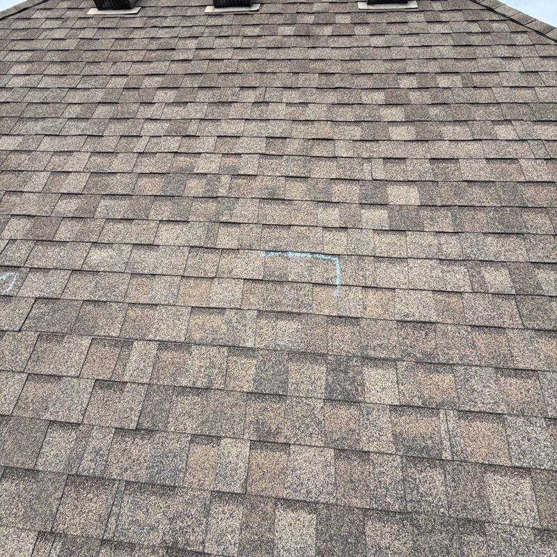 Asphalt shingle roof with hail damage markings