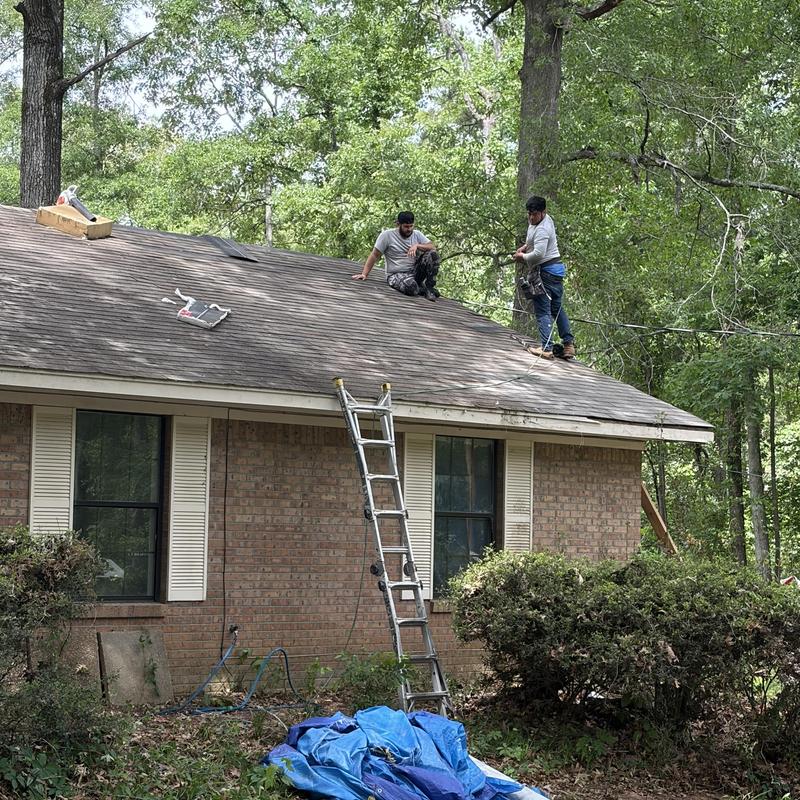 Asphalt shingle roof with repair crew and ladder