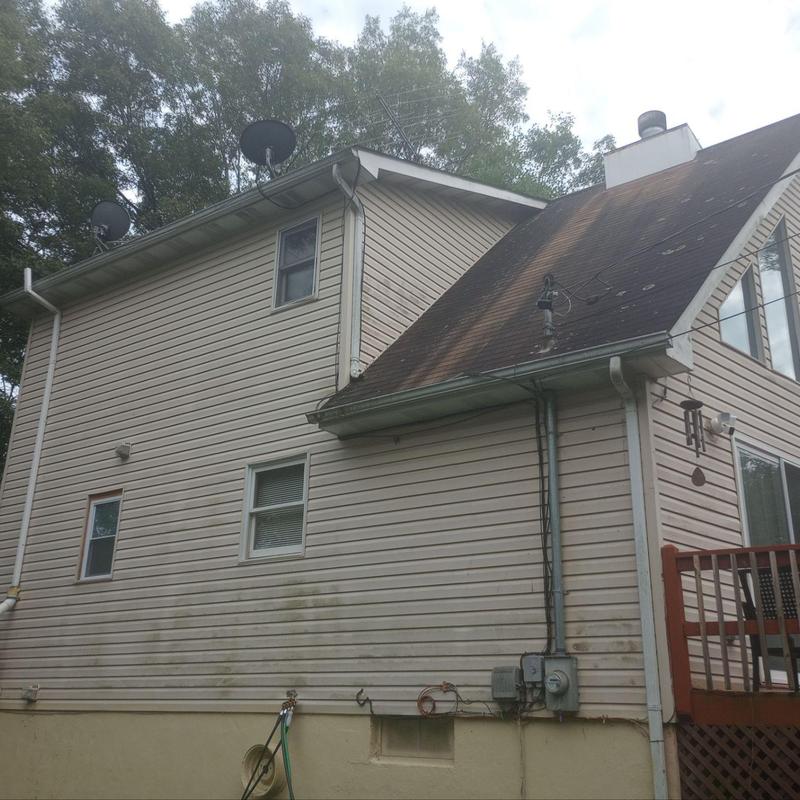 Asphalt shingle roof with weathering and stains Asphalt shingle roof with weathering and stains