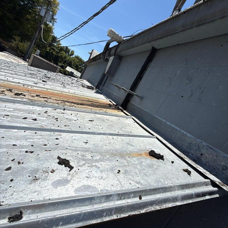 Metal roof with hail impact damage and debris