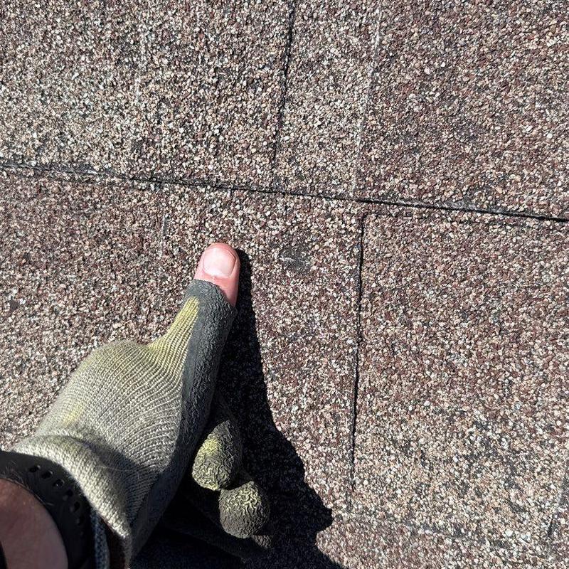 Asphalt roof shingles showing hail damage spot