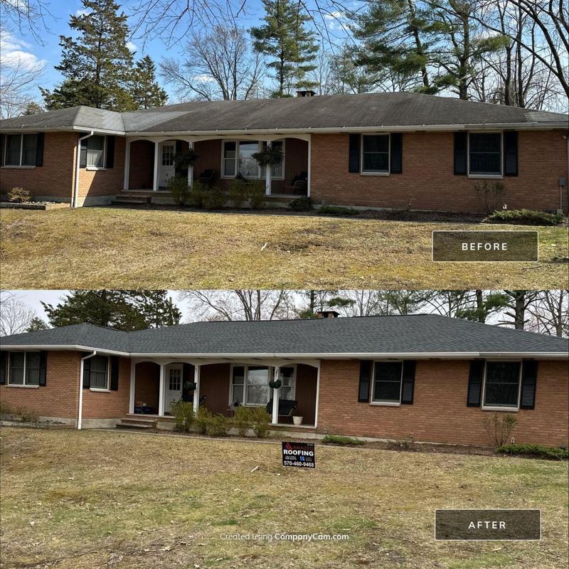 Asphalt shingle roof replacement before and after view Asphalt shingle roof replacement before and after view