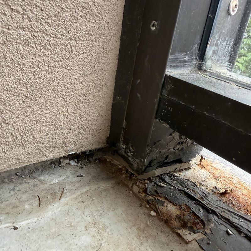 Window frame base with water damage and deteriorated materials