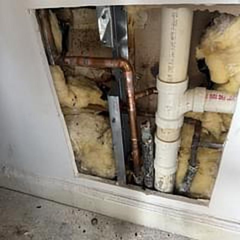 Copper piping and PVC drain behind drywall access panel