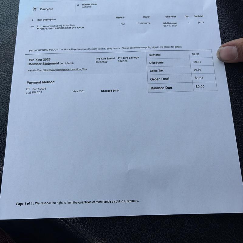 Epoxy putty stick purchase receipt from Home Depot