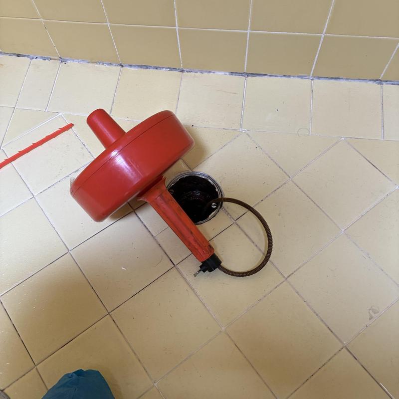 Shower drain with plumbing cable in tiled bathroom