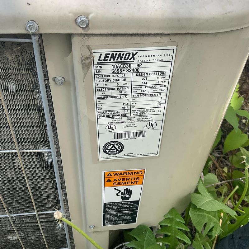 Lennox outdoor HVAC unit nameplate details