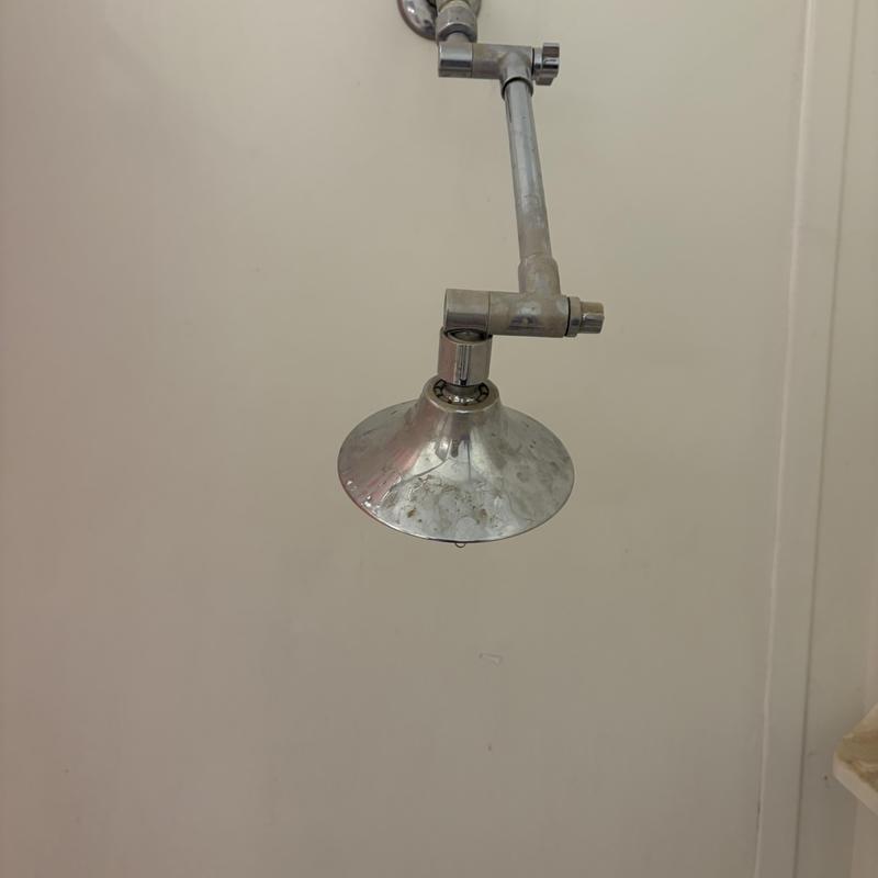 Showerhead with visible mineral deposits and corrosion