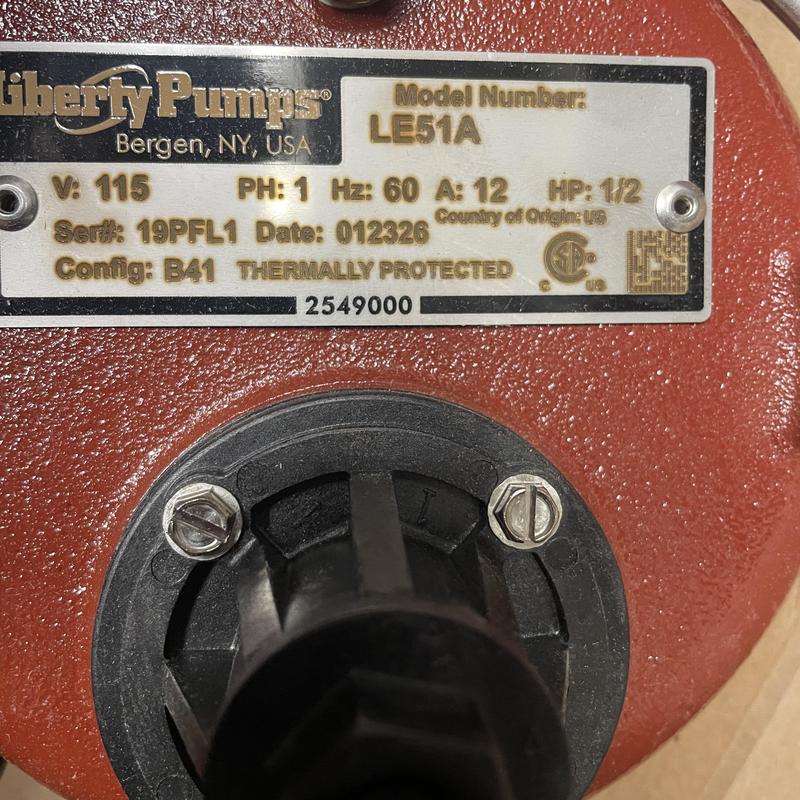 Liberty Pumps LE51A sump pump label close-up