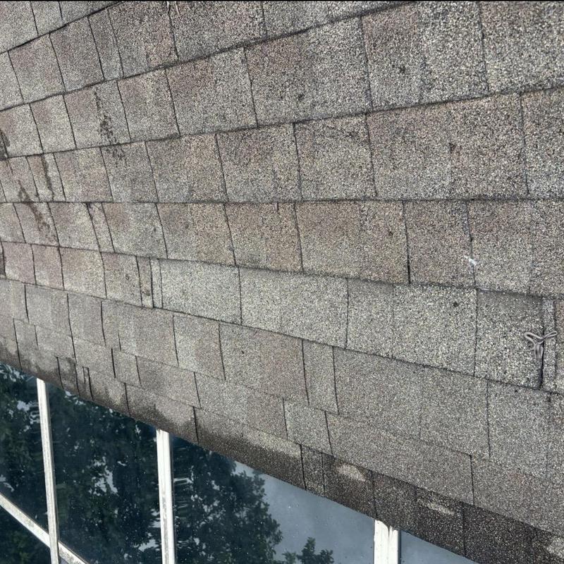 Asphalt shingle roofing with wear and damage details Asphalt shingle roofing with wear and damage details