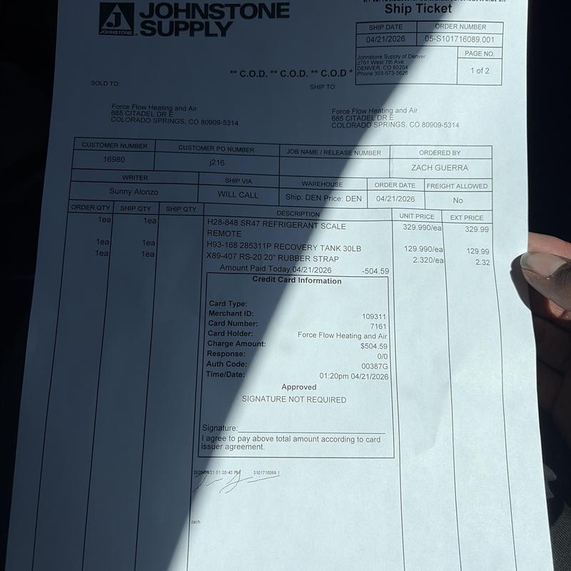 Refrigerant scale and recovery tank purchase receipt
