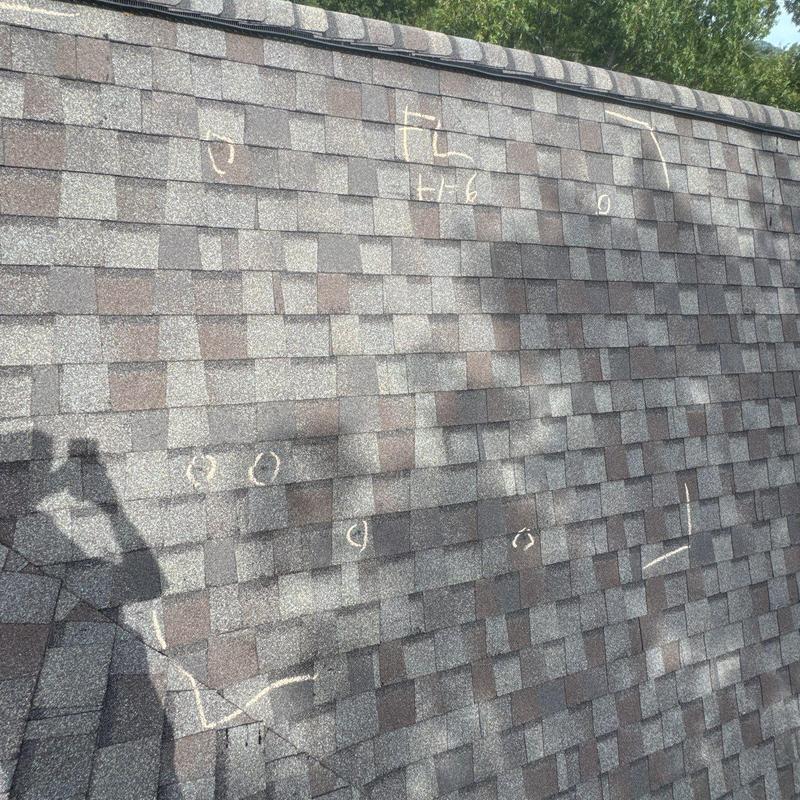 Asphalt shingle roof with hail damage markings