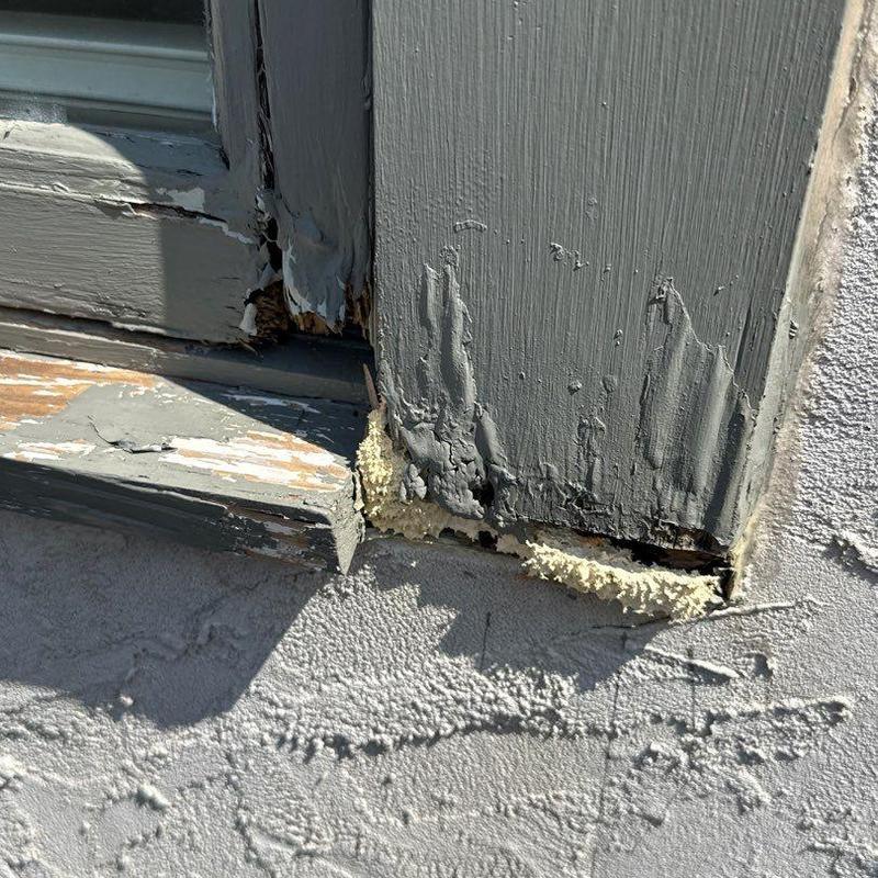Wood window frame with paint damage and foam sealant