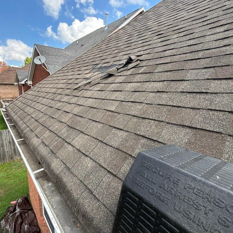 Asphalt shingles roof with hail damage and lifting shingles