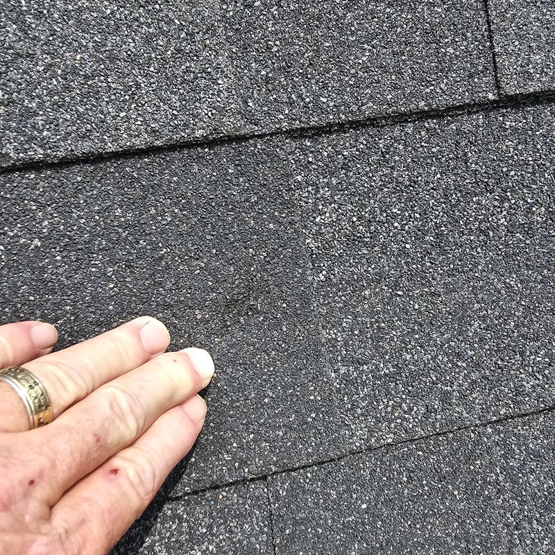 Asphalt shingle roof surface with hail damage marks