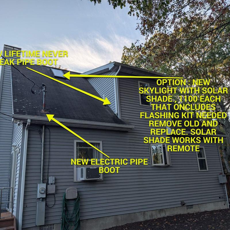 Roof with new electric pipe boot and skylight options Roof with new electric pipe boot and skylight options