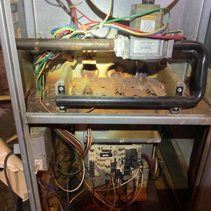 Gas furnace burner assembly with wiring and pipes