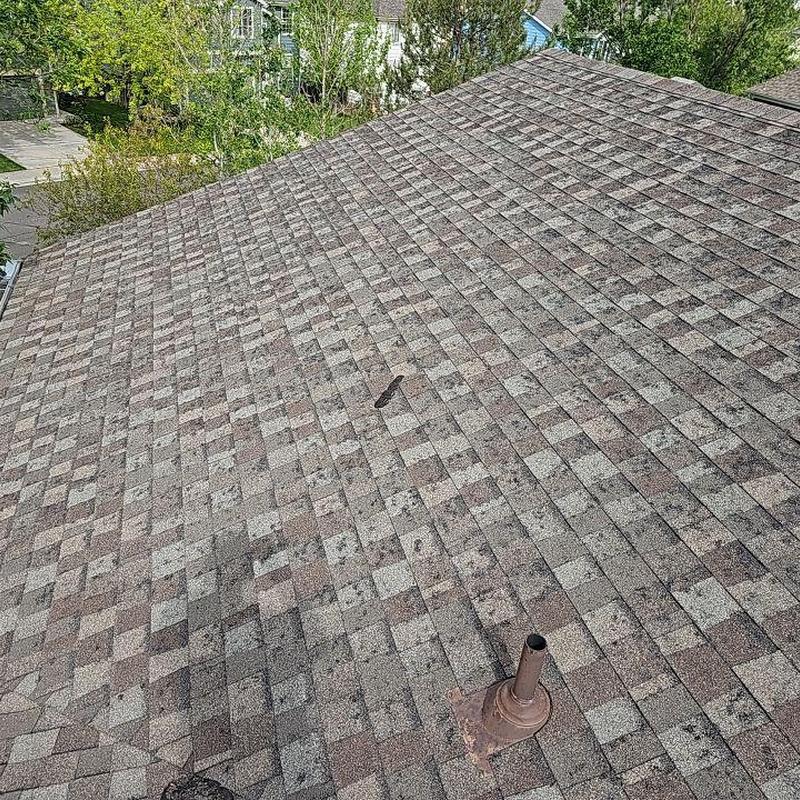 Shingle roof with visible hail damage and pipe vent