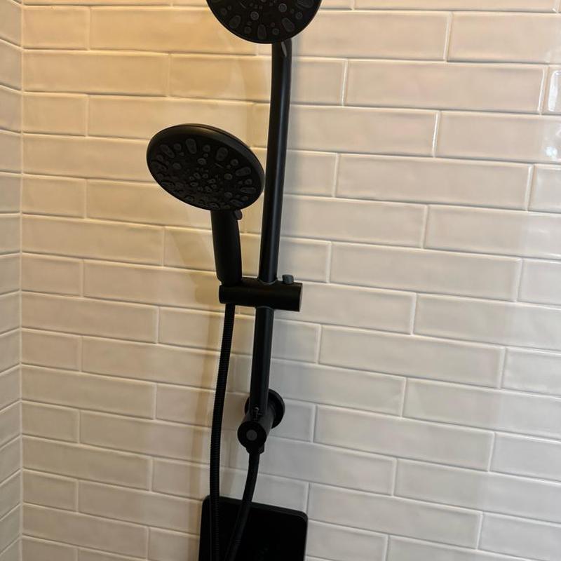 Shower slide bar and dual showerheads with white tile
