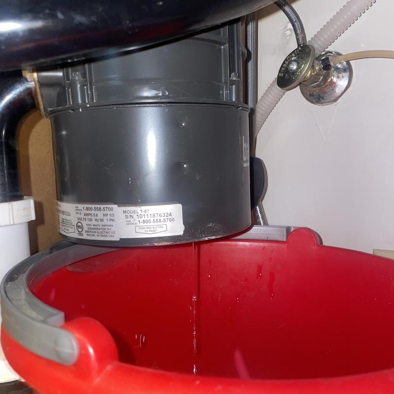 Garbage disposal under kitchen sink with leak bucket