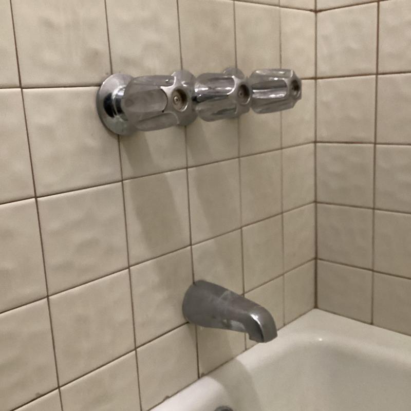 Three-handle shower valve with chrome trim and tub spout