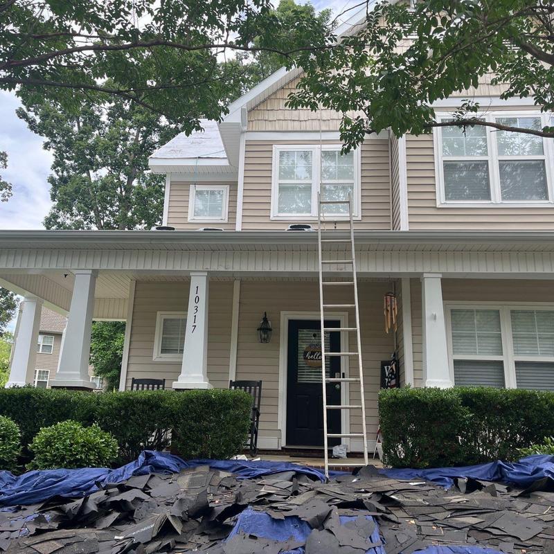 IKO Dynasty Shadow Brown shingle roof removal with ladder