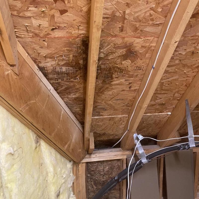 Roof framing with water damage and insulation
