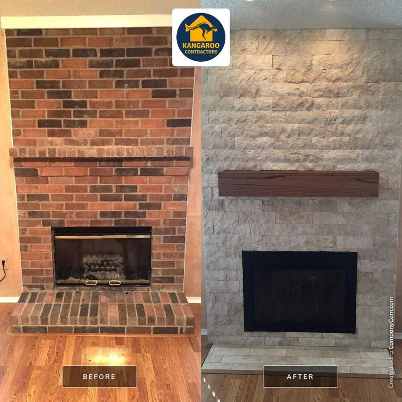 Stone fireplace with wooden mantel update in McKinney, TX