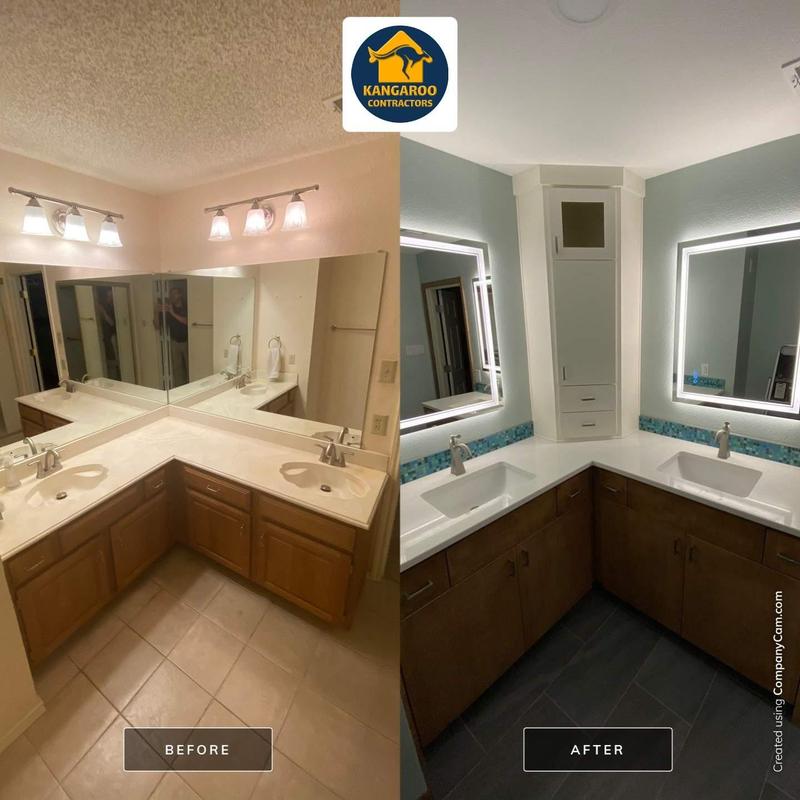 Master bathroom vanity with quartz countertops renovation