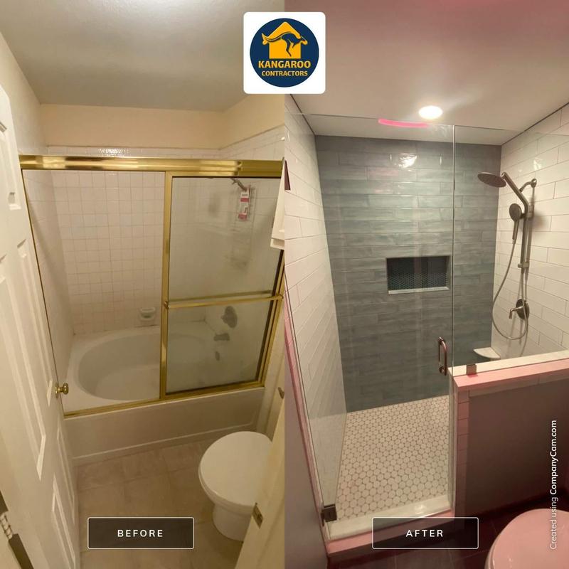 Master shower with frameless glass upgrade before and after