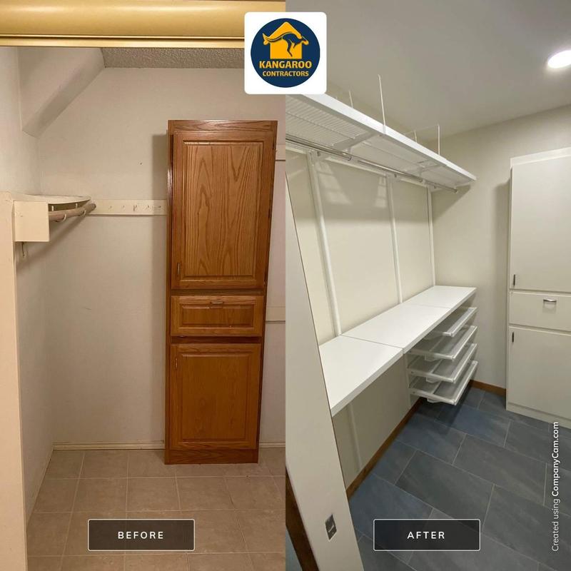 Master closet custom shelving and tile flooring upgrade