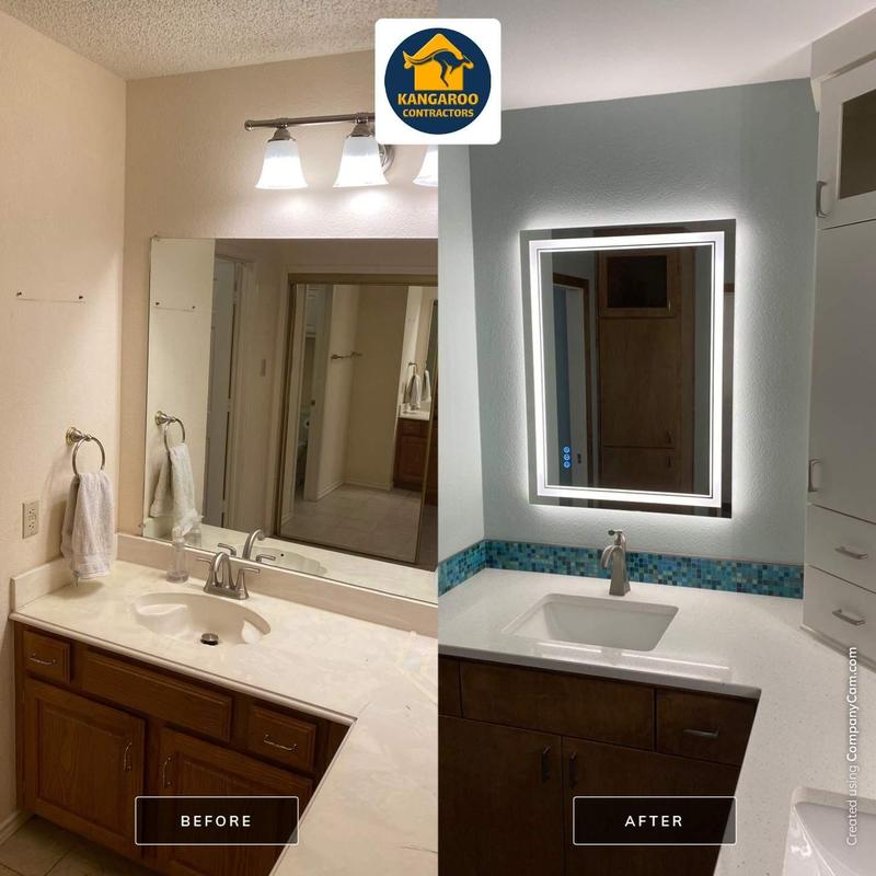 Quartz countertop vanity with LED mirror upgrade