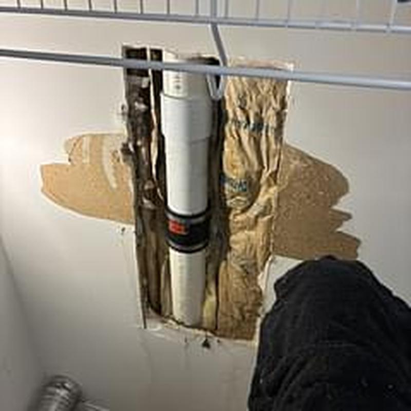 Drain stack pipe with wall cutout and insulation exposed