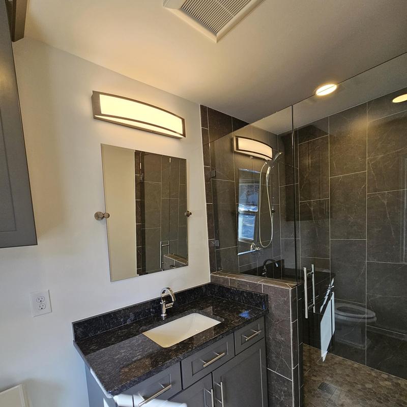 Bathroom shower enclosure with dark tile walls