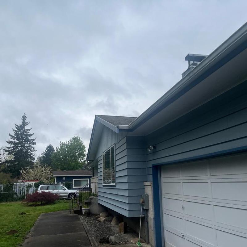Roof shingles and gutter on blue residential home