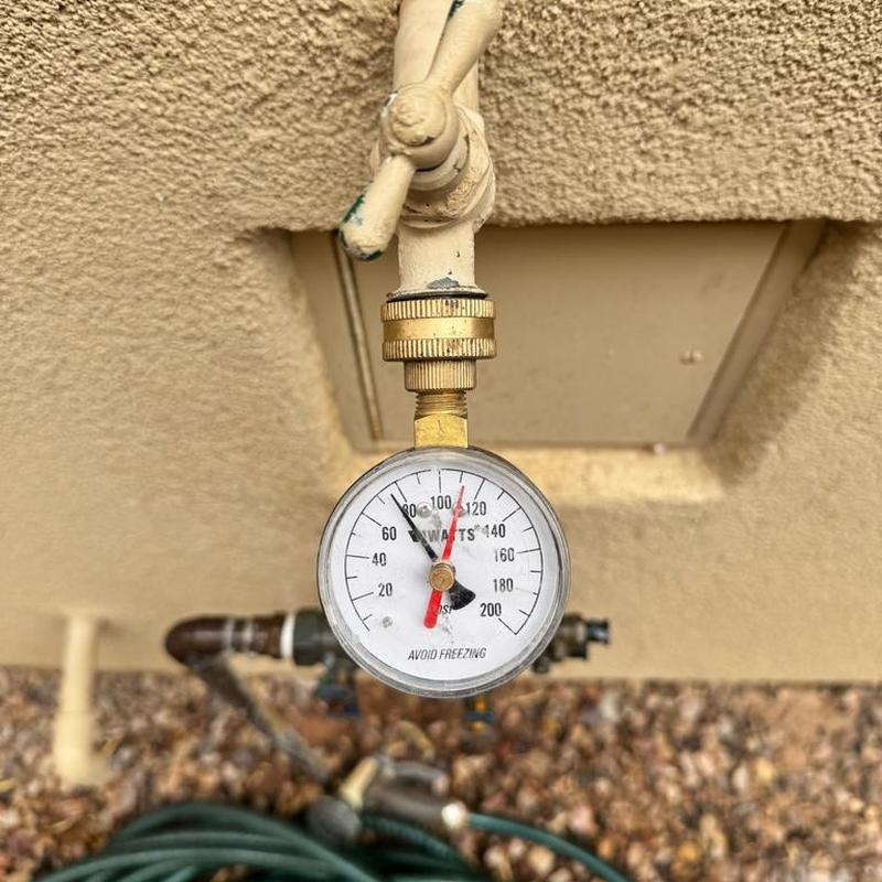 Water main pressure gauge mounted on valve near bushes